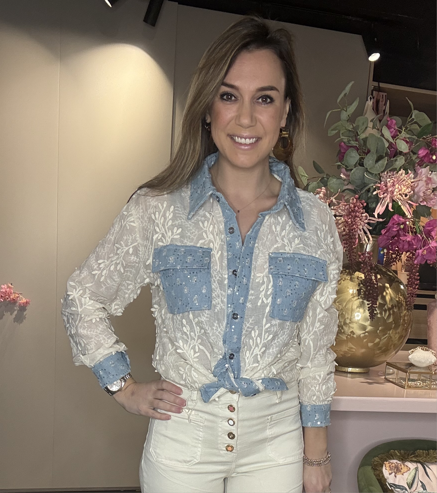 Blouse Jeans Details Beige